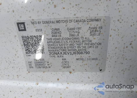 2018 Chevrolet Equinox Lt from USA, damaged, VIN 2GNAXJEV1J6308790